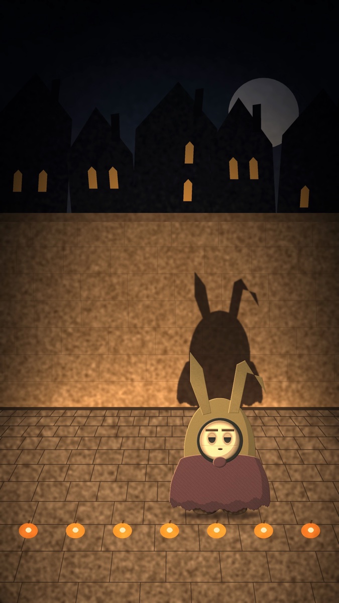 A small hooded figure with long ears stands on a cobbled street, its shadow thrown tall on a lamp-lit wall.