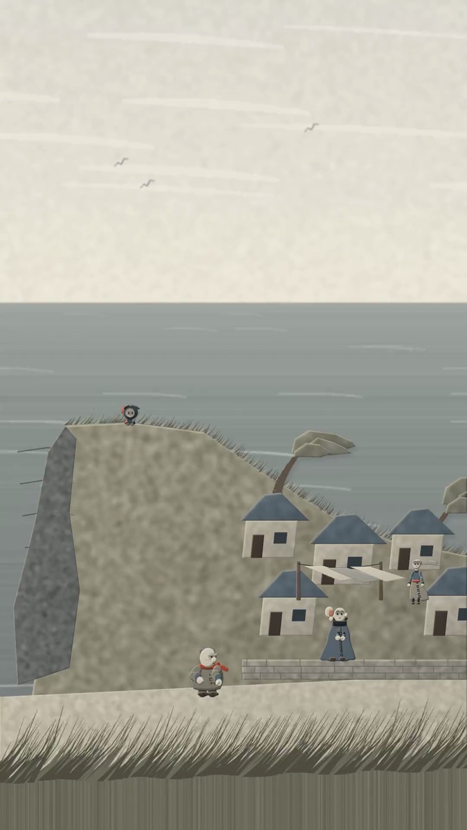 A cliff-top village of blue-roofed houses above a grey sea, tiny figures on the path.